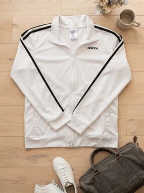 Adidas White 3 Stripe Full Zip Athletic Track Jacket - Size L
